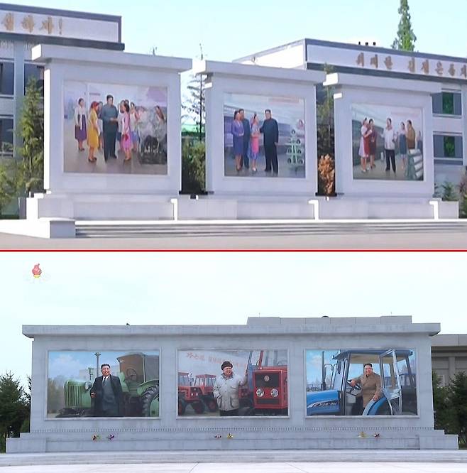 북한 김정은 모자이크 벽화, 김일성·김정일 사이에 설치 (서울=연합뉴스) 북한 조선중앙TV는 지난 21일 오후 보도시간에 김일성ㆍ김정일ㆍ김정은의 모습을 형상한 모자이크 벽화가 김정숙평양제사공장에 설치된 영상을 내보냈다. 아래 사진은 지난 2023년 9월 조선중앙TV가 보도한 금성트랙터공장 내 벽화로 해당 벽화는김일성ㆍ김정일ㆍ김정은 순으로 설치됐다. [조선중앙TV 화면] 2025.6.23 
    [국내에서만 사용가능. 재배포 금지. For Use Only in the Republic of Korea. No Redistribution]
   nkphoto@yna.co.kr
(끝)