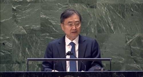 2022년 유엔 긴급특별총회에서 발언하는 조현 외교부 장관 후보자 [주유엔 한국대표부 제공. 재판매 및 DB 금지] photo@yna.co.kr