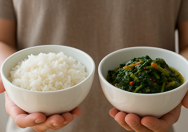 한 손엔 흰밥이 들어있는 그릇 한 손엔 시금치 나물이 들어있는 그릇을 들고 있는 손