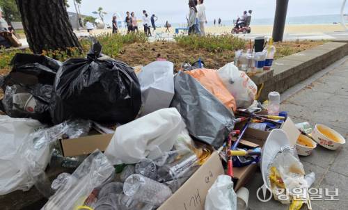◇초여름 날씨에 동해안을 찾는 관광객이 늘고 있는 가운데 15일 강릉 경포해변 중앙광장에 쓰레기가 마구 버려져 방치돼 있다. 강릉=권태명기자