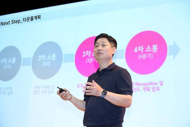 홍범식 LG유플러스 사장이 23일 서울 마곡에서 열린 2분기 타운홀미팅에서 전사 전략 방향을 공유하고 있다. LG유플러스 제공
