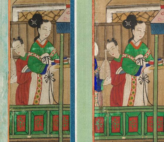‘구운몽도 병풍’ 일부. 보존 처리 전(왼쪽)과 후의 모습. 장황 직물에 가려졌던 본래의 그림을 병풍폭을 넓혀 드러나도록 했다. [사진 국가유산청]
