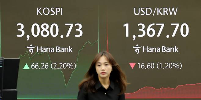 24일 코스피와 코스닥 지수가 각각 3100선과 800선에서 줄다리기 중이다. 사진은 이날 오전 서울 중구 하나은행 딜링룸 전광판./사진=뉴스1