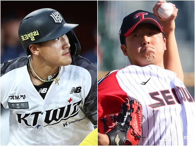 올 시즌 강력한 신인왕 후보로 꼽히는 KT 안현민과 LG 송승기가 첫 맞대결을 고대하고 있다. 송승기는 “타격 영상을 많이 봤다. 붙게 된다면 좋은 승부가 될 것”이라고 기대했다. 사진제공｜KT 위즈·LG 트윈스