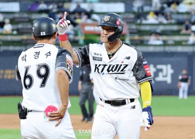 KT 3번타자 안현민이 24일 수원KT위즈파크에서 열린 2025KBO리그 LG트윈스와 KT위즈의 경기 3회말 2사 2루에서 적시타를 터트리고 있다. /사진=강영조 선임기자