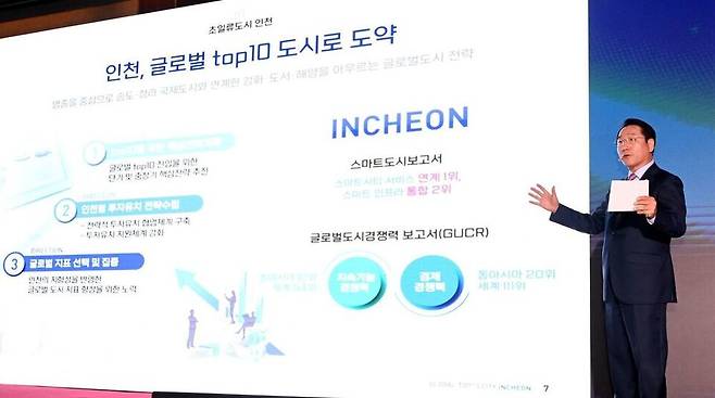 ▲ 유정복 인천시장이 지난해 5월7일 인천 중구 영종도 인스파이어 복합리조트에서 열린 '글로벌 톱텐 시티 인천 투자 설명회'에서 글로벌 투자지로서 인천 강점을 소개하고 있다. /사진제공=인천시