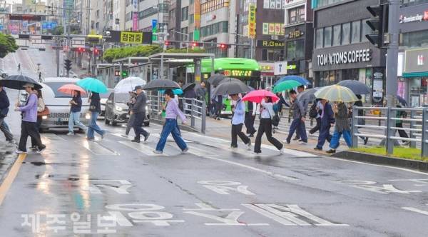 비 내리는 제주시청 앞 횡단보도를 건너는 시민들. 사진은 기사와 관계 없음. 고봉수 기자