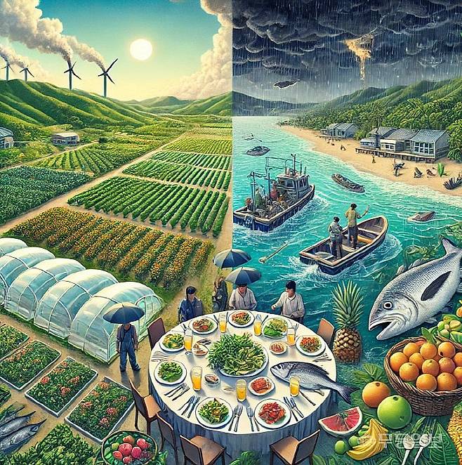 한반도가 더워졌다. 아열대화는 이미 진행되고 있고, 뚜렷했던 4계절의 구분도 희미해지고 있다. 이른바 '한반도 기후의 아열대화'는 여러 곳에서 감지되고 있다. 온난화에 따른 먹을거리 변화를 생성형 AI로 구성한 농작물 및 식탁 이미지.