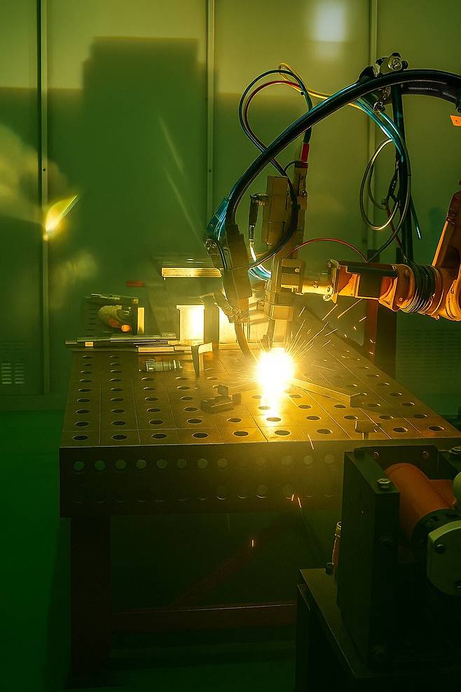 레어저-아크 하이브리드 용접장비로 용접 중인 모습./한국생산기술연구원