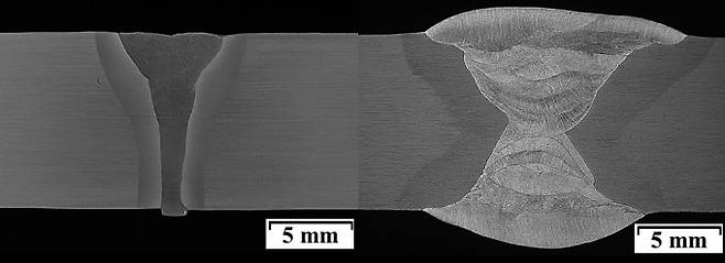 연구팀이 개발한 HLAW 단층 용접부 단면(왼쪽)과 기존 아크 다층용접부 단면 비교. 생기원 제공