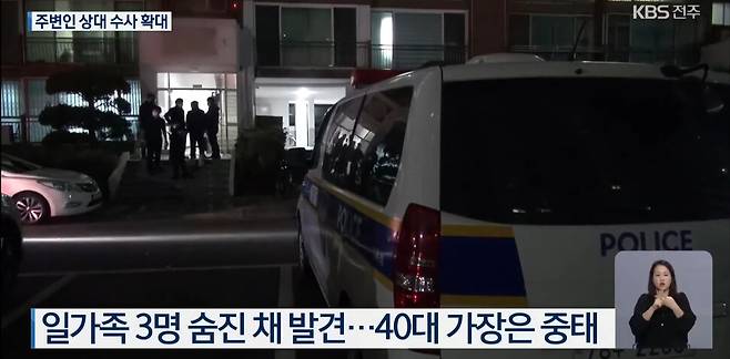 2020년 11월6일 전북 익산시 한 아파트에서 일가족 3명이 숨진 채 발견됐다. 가족을 모두 숨지게 한 40대 아버지는 자살을 시도했지만 집중치료를 받고 살아남았다. 한국방송(KBS) 뉴스 영상 갈무리