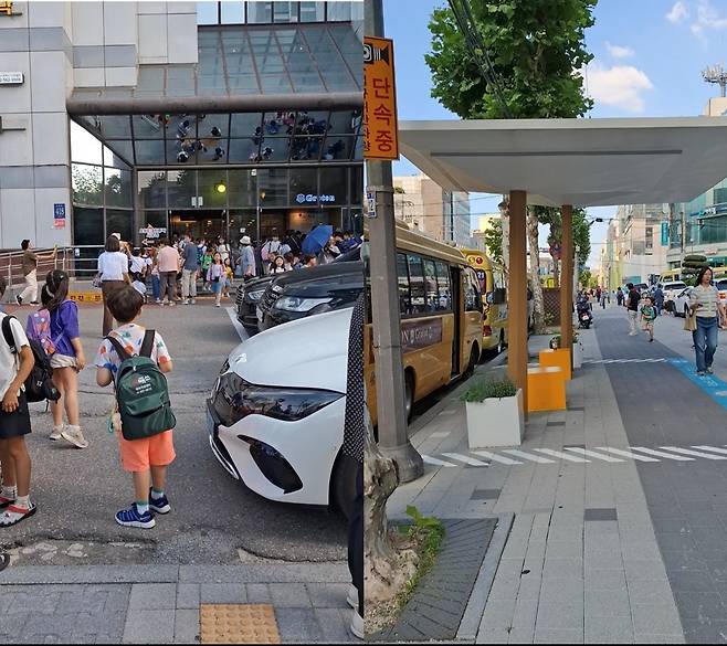 This combination of photos shows two contrasting scenes: At 4:30 p.m. on Monday, June 23, children fill the streets around private academies in Daechi-dong, Seoul, as academy buses and parents’ cars crowd the area. (Shin Ji-hye/The Korea Herald)
