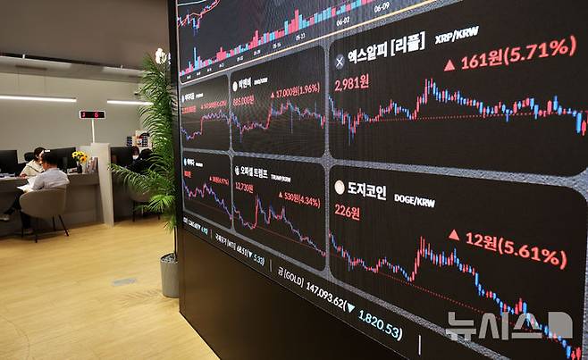 [서울=뉴시스] 배훈식 기자 = 이스라엘과 이란의 휴전 소식이 전해진 24일 오후 서울 강남구 빗썸라운지 강남본점 전광판에 비트코인을 비롯한 주요 코인 가격이 상승세를 보이고 있다.  2025.06.24. dahora83@newsis.com