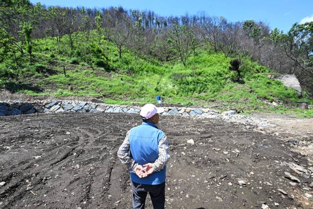 26일 오후 산청군 시천면 중태마을에서 산불로 집을 잃은 한 주민이 “하루라도 빨리 임시 숙소에서 벗어나 집에서 생활하기를 바란다”며 집터를 바라보고 있다./김승권 기자/