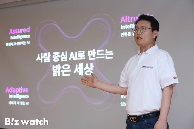 전병기 LG유플러스 AX기술그룹장(전무)이 26일 열린 기자 간담회에서 4A 전략에 대해 소개하고 있다./사진=LG유플러스 제공