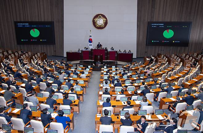 5일 오후 서울 여의도 국회 본회의에서 검사징계법 일부개정법률안이 통과되고 있다. 이 법안은 검찰총장만 청구할 수 있는 검사 징계를 법무부장관도 모든 검사에 대해 청구할 수 있도록 징계청구자 범위를 확대하는 내용을 담고 있다. 2025.6.5/뉴스1 ⓒ News1 이재명 기자