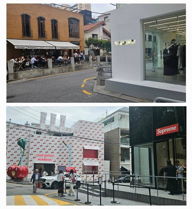 지난 24일 방문한 서울 강남구 도산공원 옆으로 MZ세대를 겨냥해 리뉴얼한 '루이비통 서울 도산'과 미국 스트리트 브랜드 '슈프림' 매장이 있다. 사진=최가영 기자