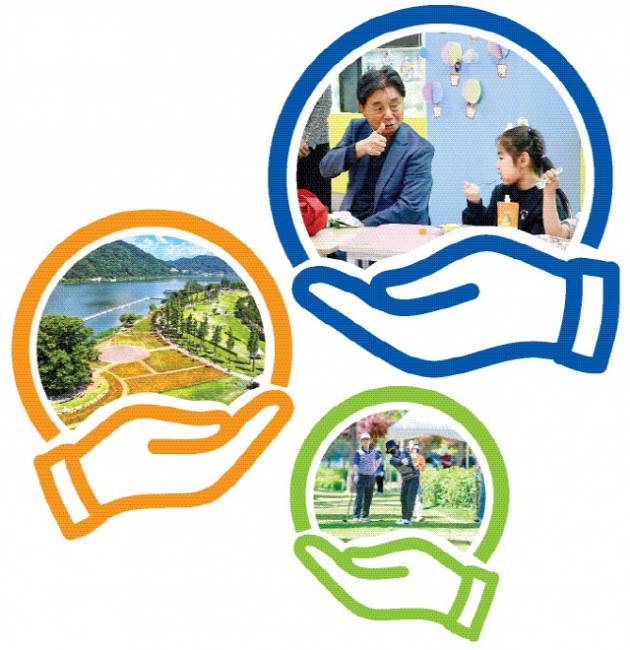 ▲ 1 최문순 화천군수가 화천커뮤니티센터에서 열린 어린이날 행사를 찾아 아이들과 시간을 보내고 있다. 2 화천 산천어파크골프장 사랑나무 전경 3 화천 전국부부파크골프대회 경기 모습