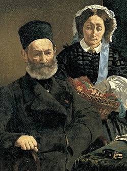 마네 부부의 초상(1860). 완고한 아버지의 성격과, 수완 좋으면서도 남편의 눈치를 보는 어머니의 성격이 잘 드러나 있다. /오르세미술관