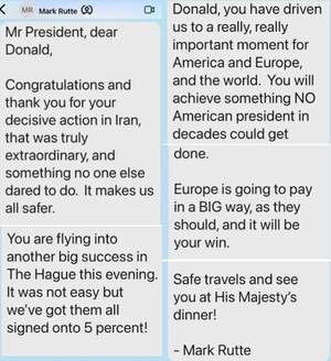 마르크 뤼터 나토 사무총장이 24일(현지시간) 나토 정상회의 참석을 위해 네덜란드 헤이그로 이동 중인 도널드 트럼프 미국 대통령에게 보낸 문자 메시지. <이미지=트럼프 소셜미디어>