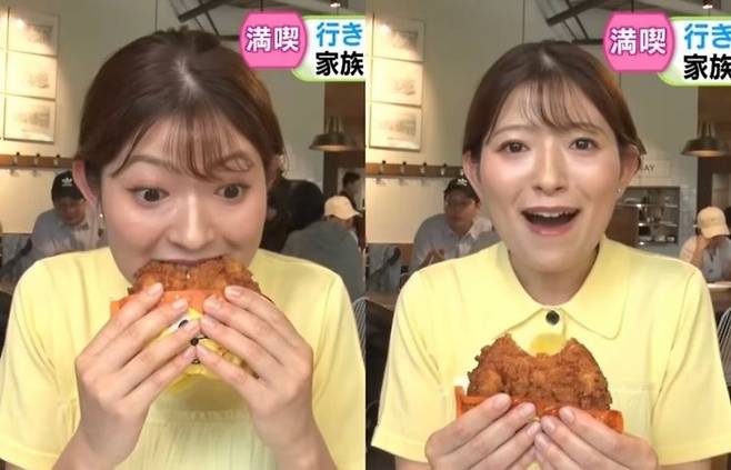 일본인 리포터가 성심당의 대표메뉴인 ‘튀김소보로’를 먹어보고 있다. [STV 방송]