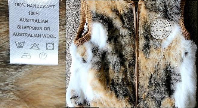‘100%  수제 호주산 양가죽 또는 호주산 양털’이라고 표시된 라벨(왼쪽)과 표시와 달리 고양이와 토끼 털로 밝혀진 해당 제품. [콜렉티브 패션 저스티스]