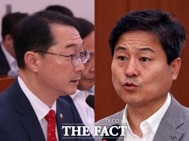 김건 국민의힘 의원(왼쪽)은 이 대통령의 나토 정상회의 불참에 대해 "한미 정상회담의 기회를 놓친 것"이라고 비판했고, 김영배 민주당 의원은 "트럼프의 방위비 청구서를 받았을 것"이라고 맞섰다. /뉴시스