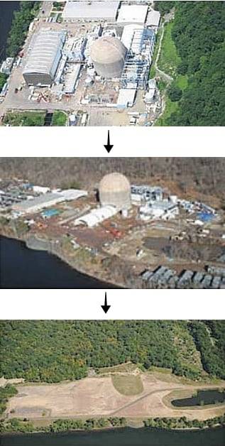 미국 코네티컷주에 있던 ‘코네티컷 양키 원자력 발전소’의 해체 및 부지 복원 과정을 보여주는 항공사진. 2003년 가동 중이던 원전(맨 위), 2006년 해체 작업 중인 원전(가운데), 2007년 해체 완료 후 녹지로 복원된 모습(맨 아래)이다./코네티컷 양키 원자력발전소