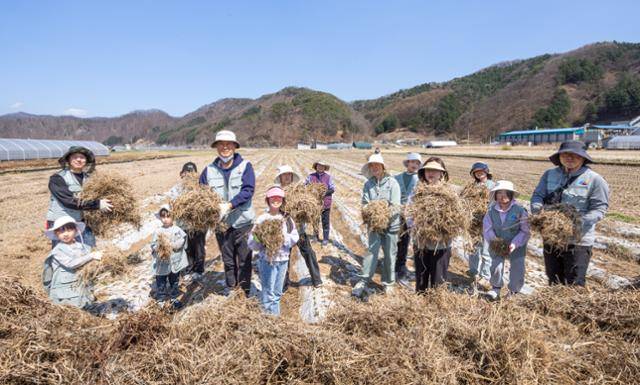 대한항공·아시아나항공 양사 임직원과 가족들이 함께 농가 일손돕기 활동을 펼치고 있다.