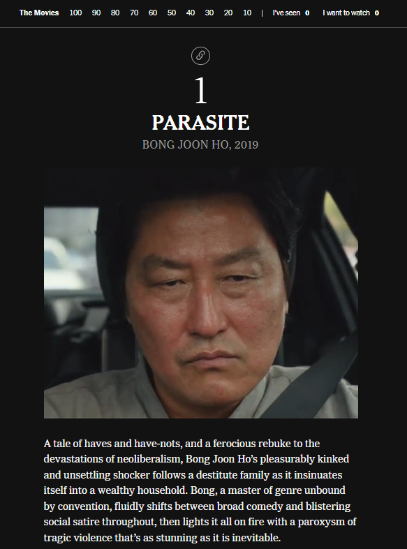 뉴욕타임스(NYT)가 선정한 ‘21세기 최고의 영화’ 100선에서 한국 영화 <기생충>이 첫 번째로 이름을 올렸다. NYT홈페이지 캡처