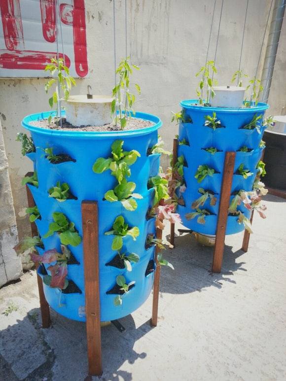 ▲'가든타워'라 이름 붙인 드럼통 텃밭. 김충현 씨가 자체 제작했다. ⓒ김충현씨블로그