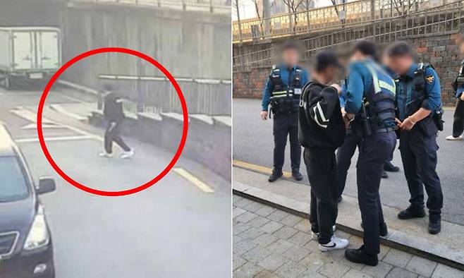 지난 4월8일&nbsp;서울 성동구 청계천 산책로에서 흉기를 들고 있는 중국인 남성 A씨(왼쪽), 검거되는 A씨. 서울경찰청 제공