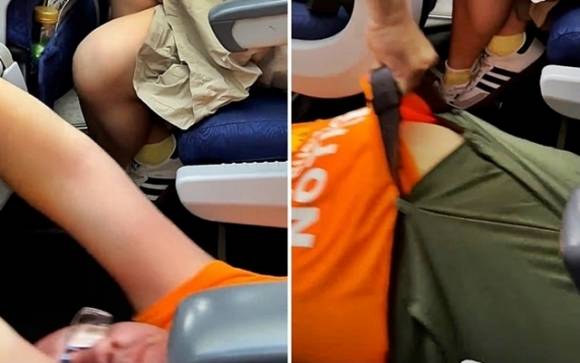 25일(현지시간) 태국 방콕 돈므앙 공항에서 영국으로 향할 예정이던 라이언 에어 보잉737 여객기에서, 비상구 좌석을 요구하며 소란을 피우던 과체중 남성이 경찰에 의해 끌려 나가고 있다. 2025.6.26 데일리메일 캡처