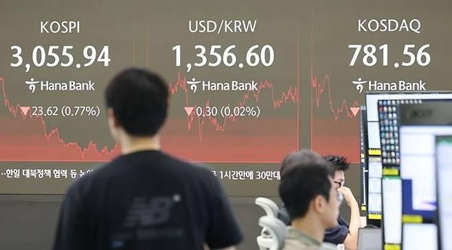 이달 27일 서울 중구 하나은행 딜링룸 현황판에 코스피·코스닥 지수 종가 등이 표시돼 있다. ⓒ뉴시스