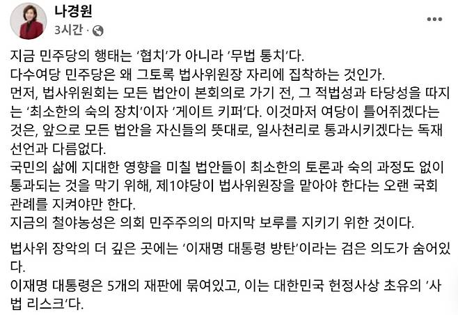 나경원 의원 페이스북 캡처.