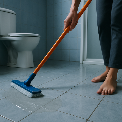 ▲ 습기 찬 욕실 바닥 물기를 제거하는 모습 [챗gpt 생성]