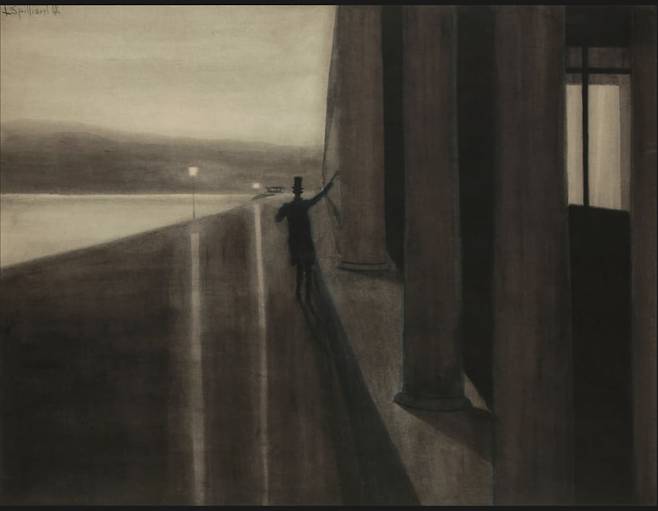 밤(1908). 유령과 같은 한 남자의 형체가 걸어가고 있다.