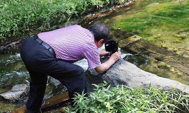 청계천에 조성된 분수 영상을 담고 있는 한 시민.