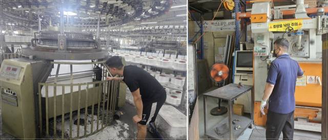 지난 27일 오후 대구성서산업단지 내 한 섬유공장 반팔티·반바지 차림의 근로자가 기계를 살펴보고 있다(왼쪽). 같은 날 한 부품사 공장에서 선풍기 앞에 선 근로자가 장비를 조작하고 있다. 정우태 기자