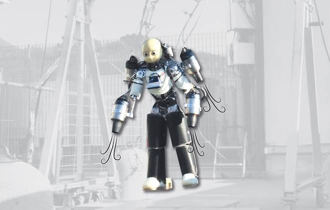 이탈리아공대 연구진이 개발한 휴머노이드 ‘아이론 큐브3’가 공중으로 떠오르는 모습. 지면 위 50㎝까지 상승했다. 휴머노이드로서는 세계 첫 비행을 기록했다.  이탈리아공대 연구진 제공