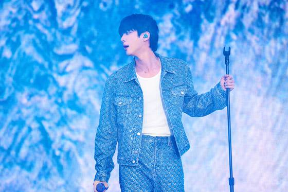 BTS member Jin performs on stage during his first solo fan concert ″#RunSeokJin_EP.Tour″ at the Goyang Sports Complex Auxiliary Stadium in Gyeonggi on June 28. [BIGHIT MUSIC]