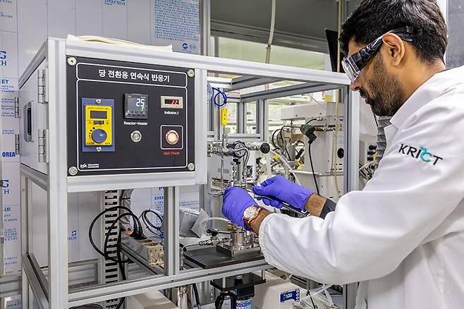 알리 아와드 UST학생연구원이 자일로스 원료를  자일론산과 자일리톨로 전환하는 반응기를 조작하고 있다.[한국화학연구원 제공]
