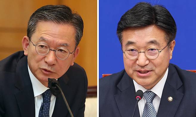 법무부 장관 후보자로 지명된 정성호 의원과 행안부 장관 후보자로 지명된 윤호중 의원. 뉴스1