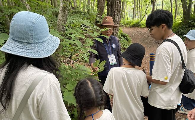 나리분지 생명의 숲 길에서 해설사의 설명을 들으며 걷고 있다./ 울릉 위 센터 제공