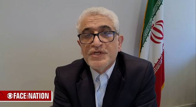 아미르 사에이드 이라바니 주유엔 이란 대사가 29일(현지시각) 미국 시비에스 방송에 인터뷰를 하고 있다. 방송 화면 갈무리