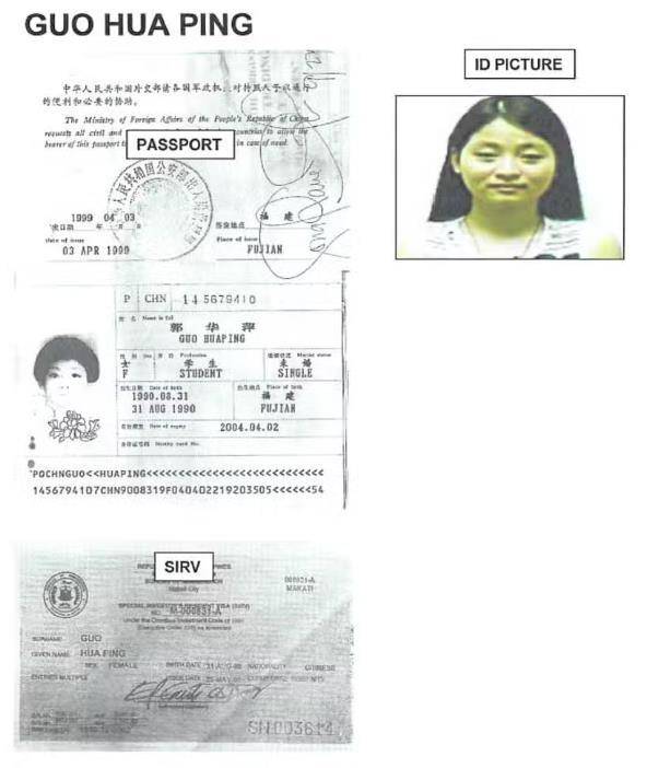 중국인 궈화핑 명의의 중국 여권과 특별투자거주비자, 비자 사진. 궈화핑은 앨리스 궈 시장과 동일인으로 확인됐다. 필리핀 인콰이어러 캡처