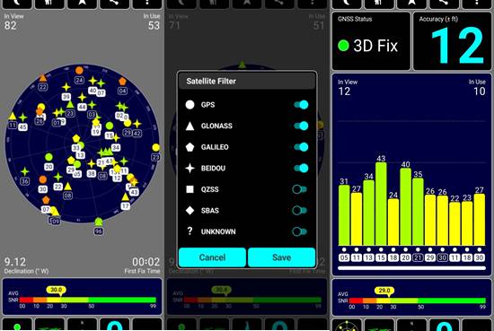 스마트폰에 잡히는 상공의 항법위성들과 신호 강도 그리고 위치 정확도. [사진 CMG, 중앙포토]