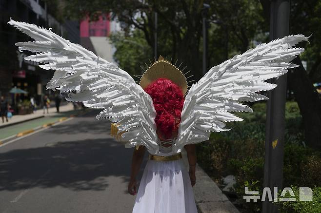 [멕시코시티=AP/뉴시스] 28일(현지 시간) 멕시코 수도 멕시코시티에서 열린 프라이드 퍼레이드에서 천사 날개를 착용한 참가자가 행진하고 있다. 이번 행사는 '6월 성소수자(LGBTQ+) 인권의 달'을 마무리하는 일환으로 열렸다. 2025.06.29.