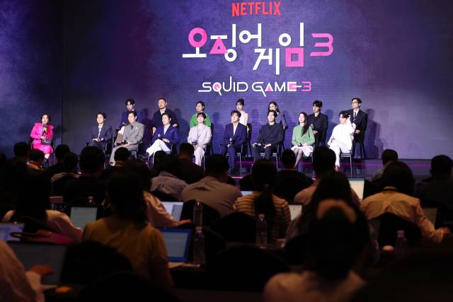 지난 9일 서울 용산구 드래곤시티 호텔에서 넷플릭스 글로벌 흥행작 '오징어 게임' 시즌3 제작발표회가 진행되고 있다. 연합뉴스