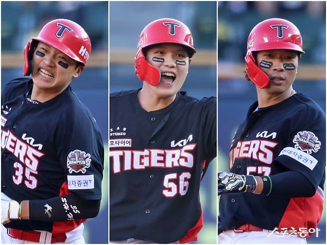 KIA 김석환, 오선우, 고종욱(왼쪽부터)이 29일 잠실구장에서 열린 LG와 원정경기에 출전해 팀의 12-2 승리에 힘을 보탰다. KIA는 이날 승리로 6월 월간 승률 1위를 확정했다. 사진제공｜KIA 타이거즈